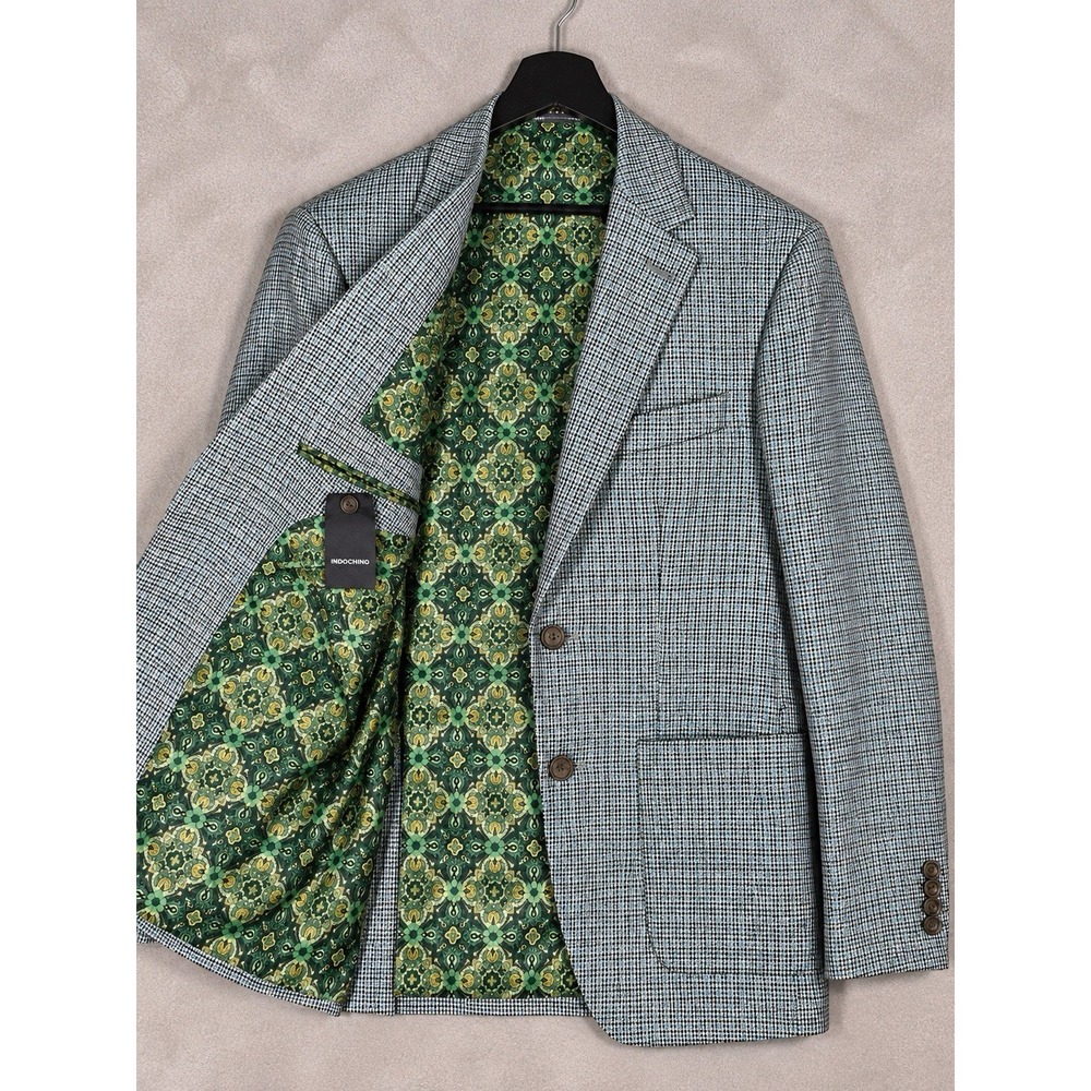Indochino Soho Blazer Mens 48 Gray Plaid Wool Linen Sport Coat Tailored Luxury